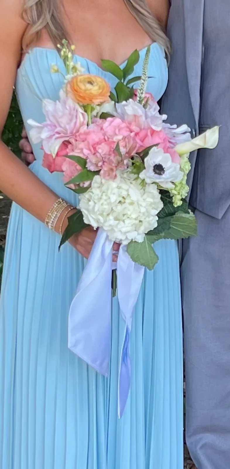 Pale pink hydrangea, white anemone and peach rose bouquet finished with a lilac ribbon